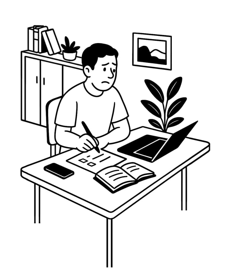 Person at desk looking worried